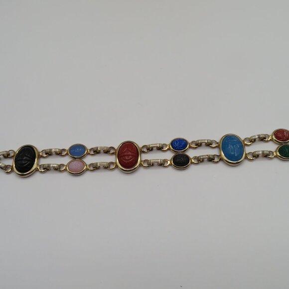 Egyptian Revival Double Strand Scarab Gold Tone Bracelet - Picture 8 of 13
